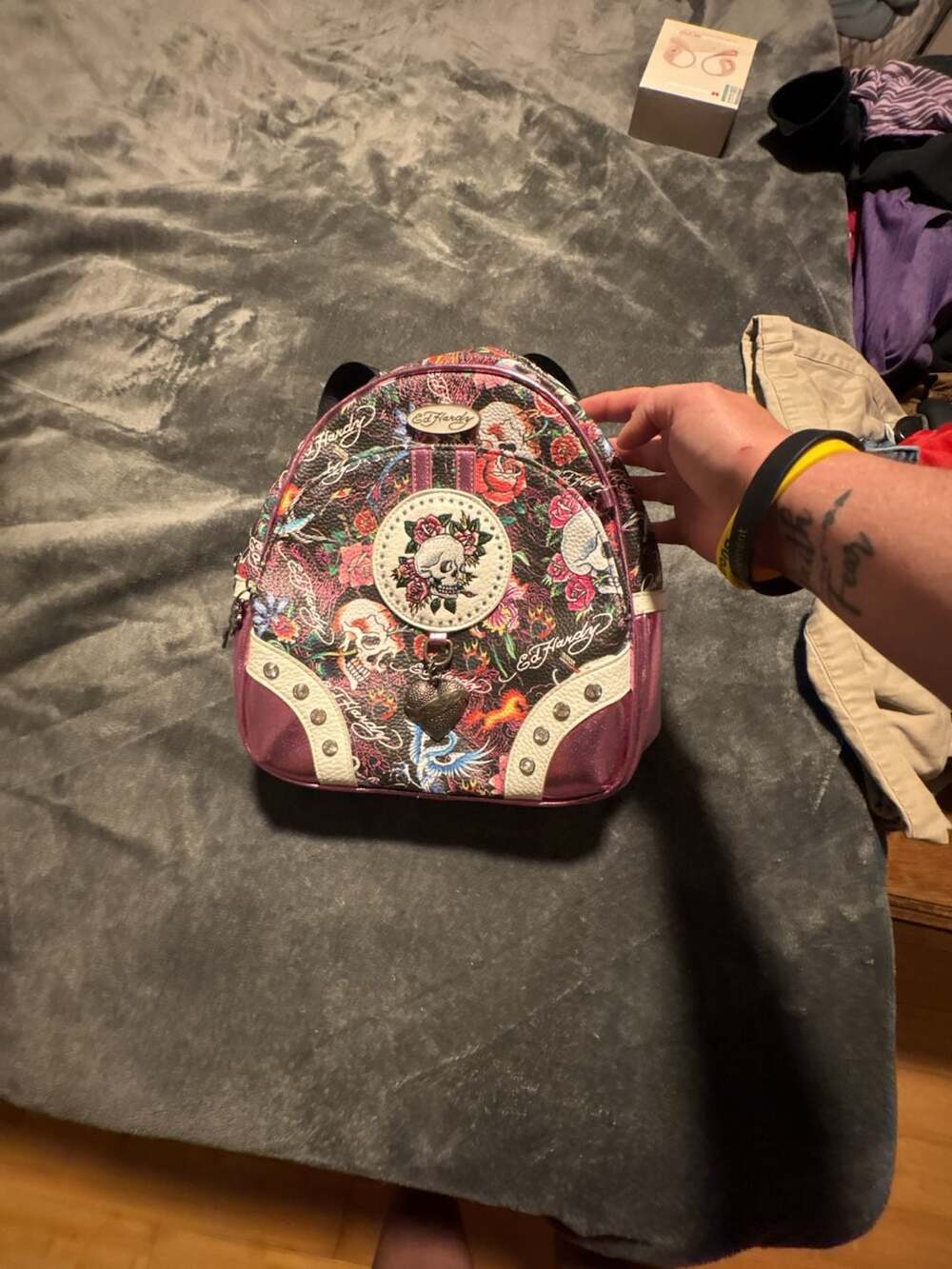 Ed Hardy Skull and Roses Tattoo Print Mini Backpack Metallic Pink with Charm